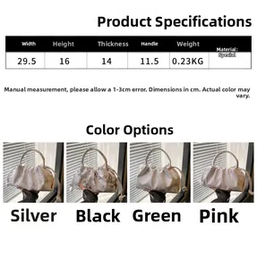 Information chart showing dimensions and colors for the butterfly pleated hobo bag