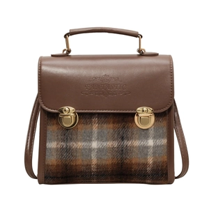 Minimalist vintage plaid satchel backpack with leather flap and golden metal buckles