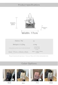 Detailed size chart for the PU mini backpack with bow detail and color options