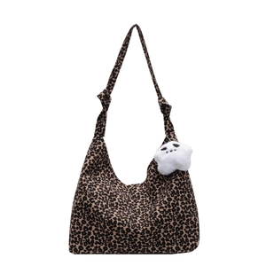 Stylish large capacity leopard print tote bag with star plush charm and knotted shoulder strap