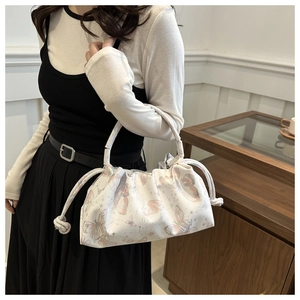 White butterfly print pleated handbag with drawstring handle for women fashion