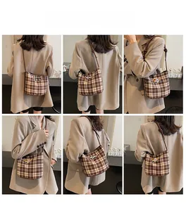 Collage of model wearing a vintage plaid shoulder bag with a cute puppy patch detail