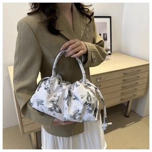 White butterfly print pleated handbag with artistic ruched design for women