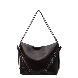 Dark brown retro tote bag with silver zippers and lychee grain leather finish