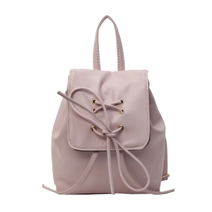 Fashionable pale pink PU leather mini backpack with cross-tie eyelet details