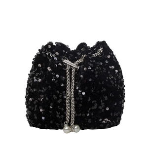 Secchiello chic con paillettes nere con catena d'argento e perline per abiti da sera
