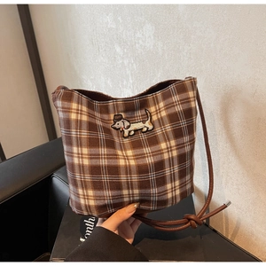 Brown plaid canvas shoulder bag with dachshund embroidery and thin leather straps