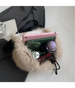 Detailed internal view of plush faux fur tote bag showing storage for tablet and umbrella