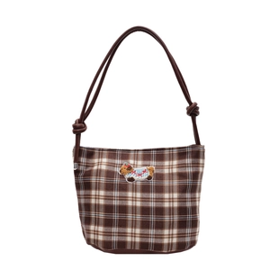 Classic brown plaid canvas tote bag featuring dog embroidery and knotted leather strap