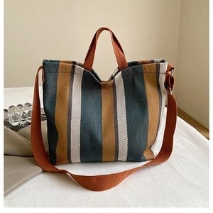 Striped Canvas Tote Bag Large Capacity Handbag With Adjustable Strap Casual Shoulder Bag For Women