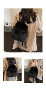 Detail view of black faux fur drawstring backpack with soft texture and slim straps