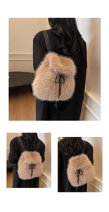 Detailed view of light brown plush backpack with drawstring bow on black winter coat