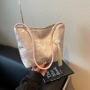 New Chinese style champagne pink jacquard tote bag with elegant tassel and jade pendant