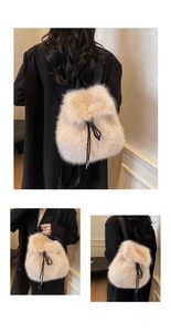 Detail of beige faux fur backpack showing drawstring closure and black leather straps