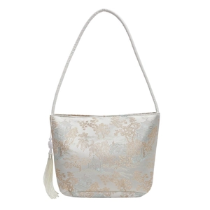 Elegant Chinese style white satin bucket bag with traditional landscape jacquard and tassel