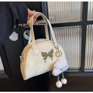 Women Fashion PU Leather Saddle Bag With Metal Butterfly Decor Crossbody Shoulder Bag Small Handbag With Plush Cloud Charm