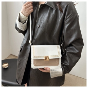 Detail of a retro contrast shoulder bag with cream finish and gold square lock closure