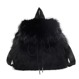 Cute black faux fur backpack for women featuring a plush texture and drawstring closure