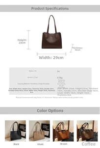 Detailed dimension chart for large PU leather tote bag showing sizes and measurements