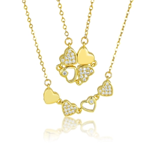 Foldable golden heart necklace transforms into a clover pendant with zircon inlay