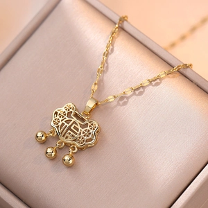 Fu Character Safety Lock Pendant Necklace Stainless Steel Gold Plated Hollow Vintage Bell Jewelry For Women