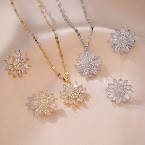 Collier Et Boucles D'oreilles Tournesol Pour Femmes Acier Inoxydable Pendentif Fleur En Zircon Élégant Mode