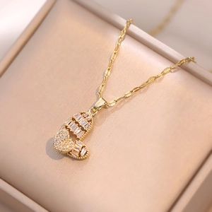 Double Heart Rotating Pendant Necklace Titanium Steel Zircon Inlaid Layered Clavicle Chain Jewelry For Women