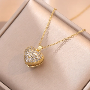 Heart Pendant Necklace Stainless Steel Zircon Pave Faux Artificial Pearl Clavicle Chain Trendy Jewelry Elegant Accessories For Women