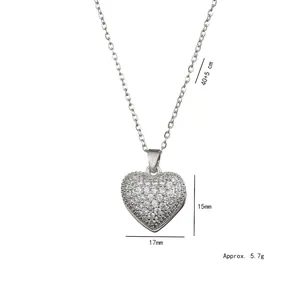 Silver heart pendant necklace with clear zircon stones and detailed size measurements