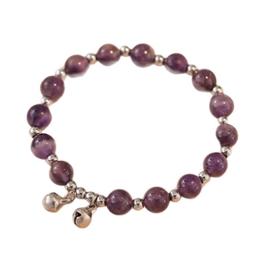 Bracelet en améthyste naturelle violette avec perles argentées et pendentifs clochettes