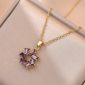 Halskette Mit Rundem Blumenanhänger Lila Zirkonia Titanstahl Luxus Mode Schmuck Für Damen