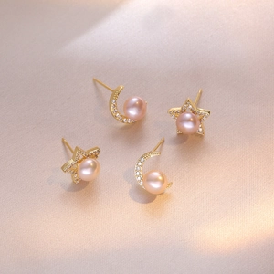 Asymmetrische Stern Mond Künstliche Perlenohrstecker Mit 925 Sterling Silber Ohrstecker Kupferlegierung Zirkon Elegant Für Damen
