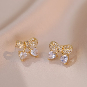 Bowknot Heart Drop Earrings Copper Cubic Zirconia Micro Pave Elegant Fashion Jewelry For Women