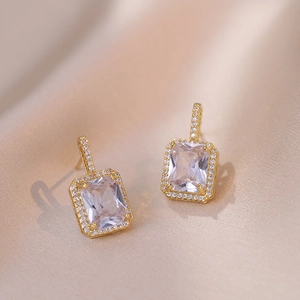 Elegant 18K gold plated rectangular zircon earrings with micro-pave crystals on silk