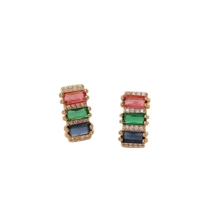 Retro gold earrings with pink, green, and blue rectangular gemstones and white zircons