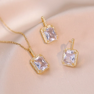 Rectangle Zircon Pendant Necklace And Earrings Jewelry Gold Plated Titanium Steel Halo Geometric Style For Women