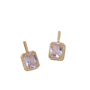 Elegant gold square cubic zirconia pendant necklace and earrings set with halo stones