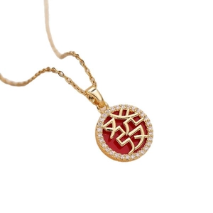 Gold minimalist necklace featuring a red round pendant with crystal halo and Mahjong character