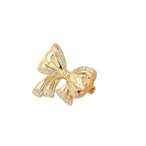 Elegant gold bow brooch with micro-p镶 inlaid white zircon stones for women's fashion