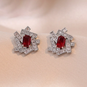 Ruby Red Zircon Stud Earrings Copper Geometric Deconstruction Design For Women