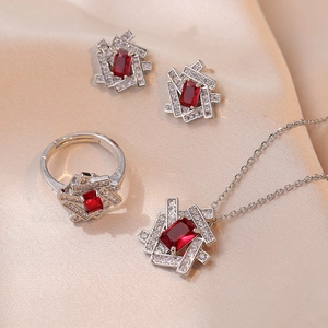 Roter Edelstein Geometrische Anhänger Halskette Ohrringe Set Titanstahl Zirkon Luxus Mode Schmuck Für Frauen