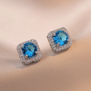 Boucles Oreilles Puces En Cuivre Zircone Bleue Design Halo Carré Élégant Bijoux Mode Géométriques Style Coréen Pour Femmes
