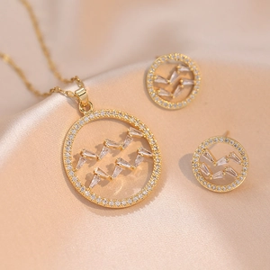 Colorful Zircon Geometric Jewelry Gold Plated Titanium Steel Round Pendant Necklace Stud Earrings For Women Fashion Accessory