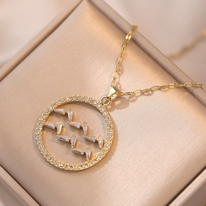 Collier Pendentif Constellation Verseau Pour Femmes Acier Inoxydable Rond Creux Géométrique Plaqué Or Zircon Baguette