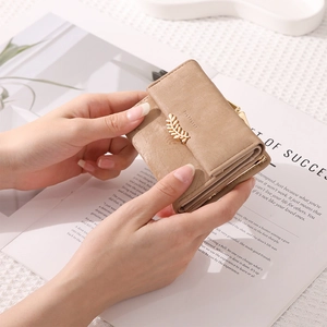 Short khaki PU leather women's tri-fold wallet with gold leaf buckle and coin pocket