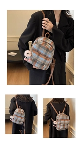 Detail view of mini plaid wool backpack featuring leather straps and pink furry charm