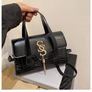 Detail of black crossbody bag featuring crocodile texture and gold SS metal hardware