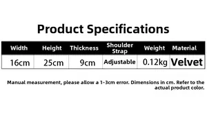 Detailed size chart for corduroy chest bag showing dimensions 16x25x9cm and weight