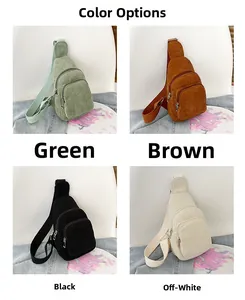 Color display of corduroy waist bags in green, brown, black, and off-white options