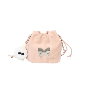 Pink drawstring bucket bag with silver butterfly charm and chain strap on white background